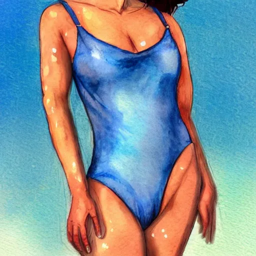 Prompt: a perfect, realistic professional digital sketch of a Japanese woman in racing one-piece swimsuit, style of Marvel, by pen and watercolor, by a professional American senior artist on ArtStation, a high-quality hollywood-style sketch, on high-quality paper