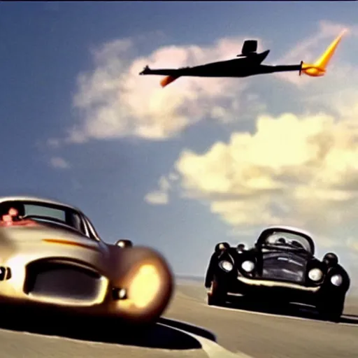 Image similar to car chased by anothrr car which is flying in the sky, movie still of James bond