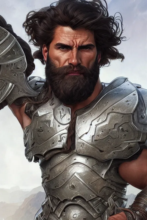 Image similar to ultra realistic illustration, a hulking herculean gigachad with simple silver armour, thick brown beard, wavy smooth brown hair, intricate, elegant, highly detailed, digital painting, artstation, concept art, smooth, sharp focus, illustration, art by artgerm and greg rutkowski and alphonse mucha