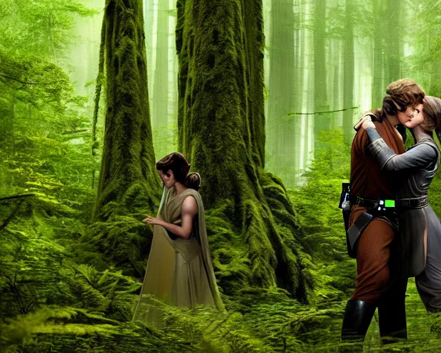 Image similar to luke skywalker, princess leia and han solo hugging and kissing in the forest of endor in a modern remake of return of the jedi