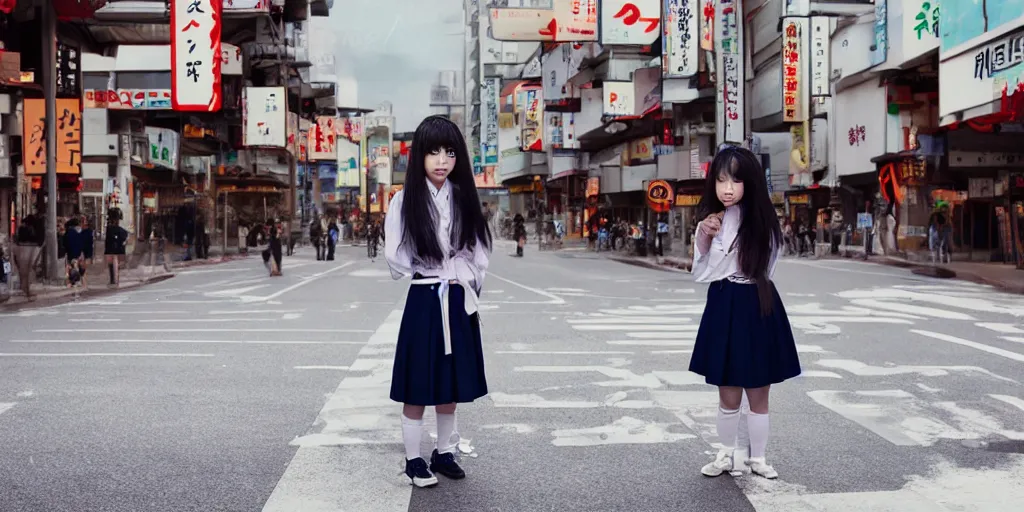 Prompt: a girl with long hair on japanese uniform high school, waiting on a crosswalk, urban city background, digital art, 8 k,