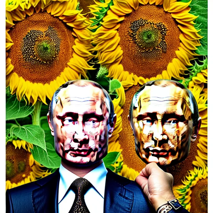 Image similar to photo portrait of Vladimir Putin - sunflowers - dressed in leisure shirt with ornamental ethereal sunflower pattern, natural skin tone, highly detailed realistic flowers ornament on the shirt, raging war and explosions in the background, eyebrows are intricate and highly detailed, elegant, Realistic, Refined, Highly Detailed, natural soft pastel lighting colors scheme, fine art photography by Cecil Beaton, volumetric lighting, hyper realistic photography