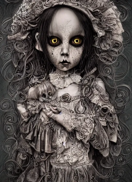 Image similar to portrait of a creepy doll, obsidian eyes, intricate, highly detailed, smooth, digital illustration, the dark and quirky art of scott radke