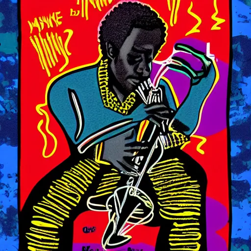 Image similar to miles davis in the style of daniel johnston and ghanian film poster, 4k