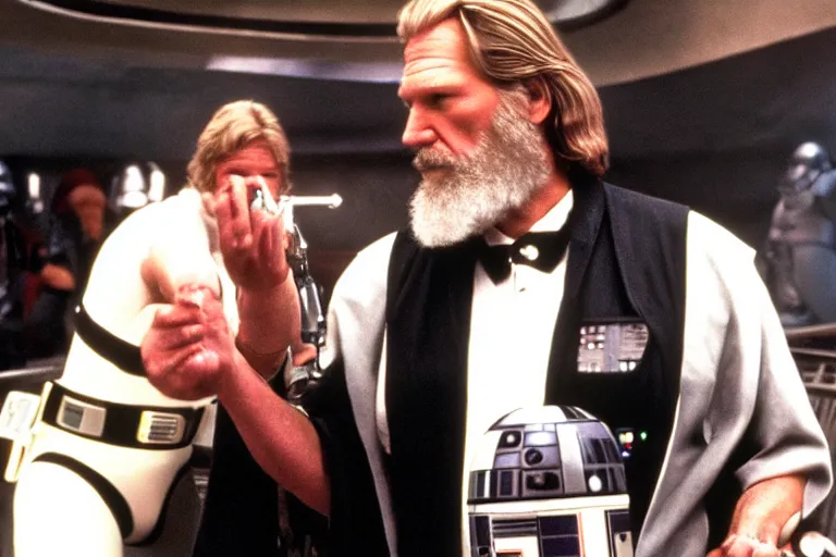 Prompt: Jeff Bridges from The Big Lebowski bowling in the Mos Eisley Cantina from Star Wars with Darth Vader