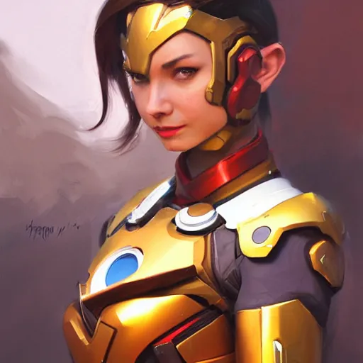 Image similar to greg manchess portrait painting of a female ironman as overwatch character, medium shot, asymmetrical, profile picture, organic painting, sunny day, matte painting, bold shapes, hard edges, street art, trending on artstation, by huang guangjian, gil elvgren, ruan jia, greg rutkowski, gaston bussiere