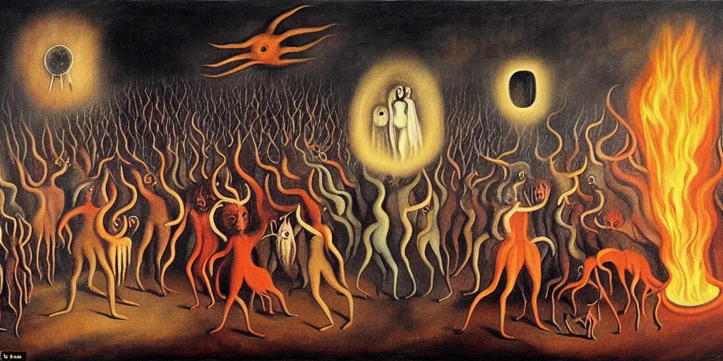 Image similar to personified emotion and thought creatures riot in a fiery wasteland, dramatic lighting glow from giant fire, attempting to escape to the surface and start a revolution, in a dark surreal painting by leonora carrington