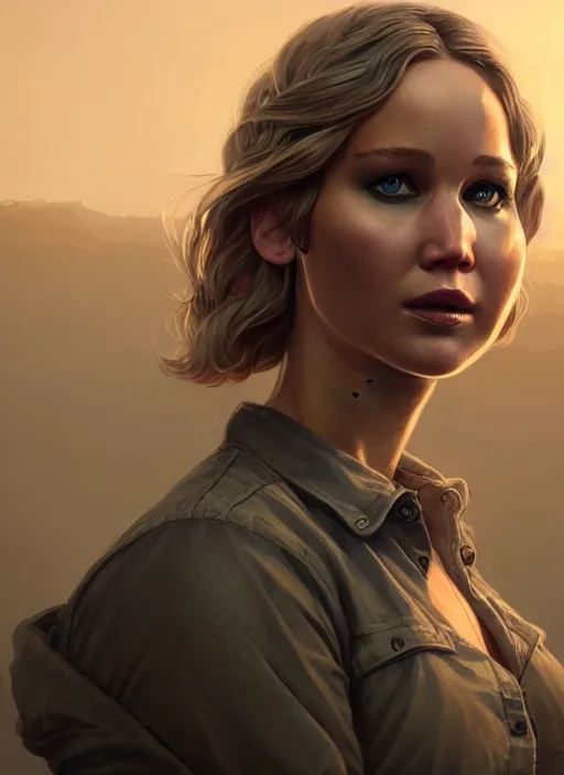 Image similar to highly detailed portrait of jennifer lawrence in gta v, stephen bliss, unreal engine, fantasy art by greg rutkowski, loish, rhads, ferdinand knab, makoto shinkai and lois van baarle, ilya kuvshinov, rossdraws, tom bagshaw, global illumination, radiant light, detailed and intricate environment