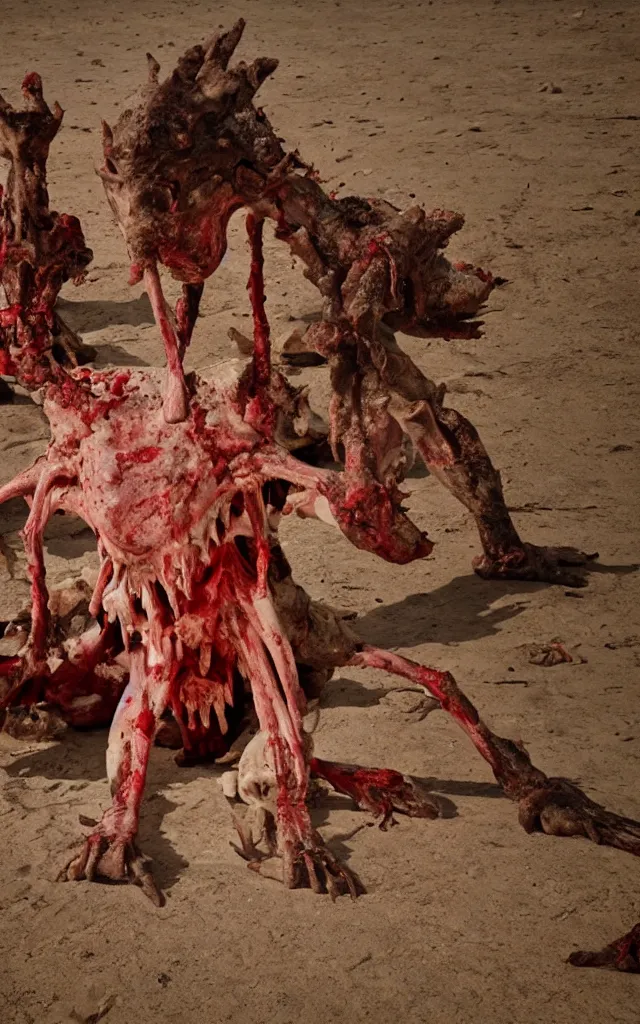 Image similar to in the desert a bloody gross horrifying The Thing creature made of muscle and bone and blood stares at the camera, eating, mid day, 35mm photography, realistic,