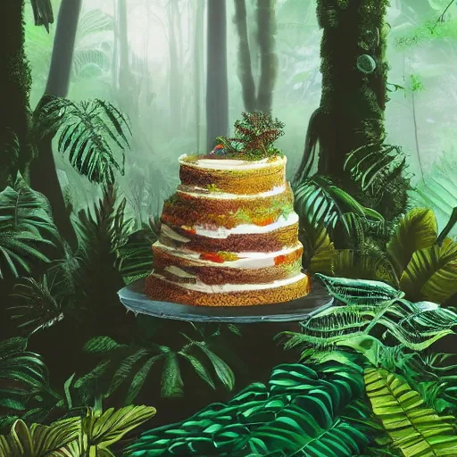 Image similar to jungle cake, ultra realistic, ultra detailed, lush, beautiful, digital art,