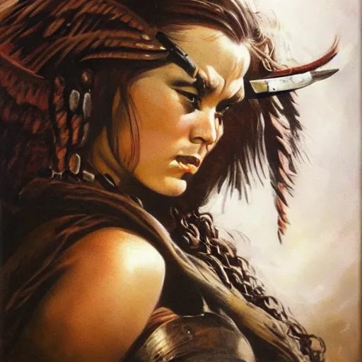 Prompt: ultra realistic portrait painting of an angry valkyrie woman, art by frank frazetta, vintage levi ’ s ad, stormy weather, dark vibes, 4 k, ultra realistic, highly detailed, epic lighting