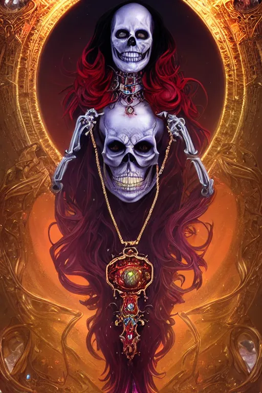 Image similar to woman lich skeleton made of iridescent aether and shiny gems covered with blood, long red hair, golden necklace, ultra realistic, concept art, intricate details, highly detailed, photorealistic, octane render, 8 k, unreal engine. dnd art by artgerm and greg rutkowski and alphonse mucha