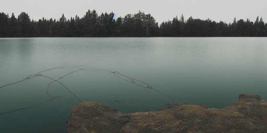 Image similar to symmetrical color photograph of an infinitely long rope submerged on the surface of the water, the rope is snaking from the foreground towards the center of the lake, a dark lake on a cloudy day, trees in the background, moody scene, anamorphic lens