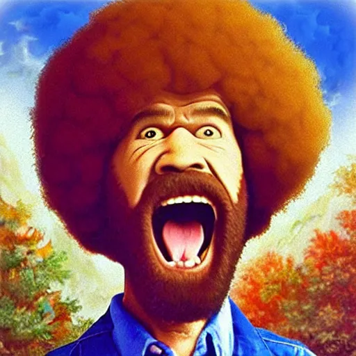 Image similar to bob ross screaming in mouth of bob ross screaming on a bad acid trip