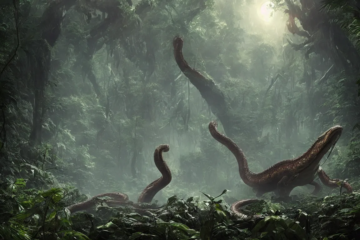 Prompt: giant snake monster deep in the jungle, glowing eyes, eldritch horror, character art by Greg Rutkowski, 4k digital render