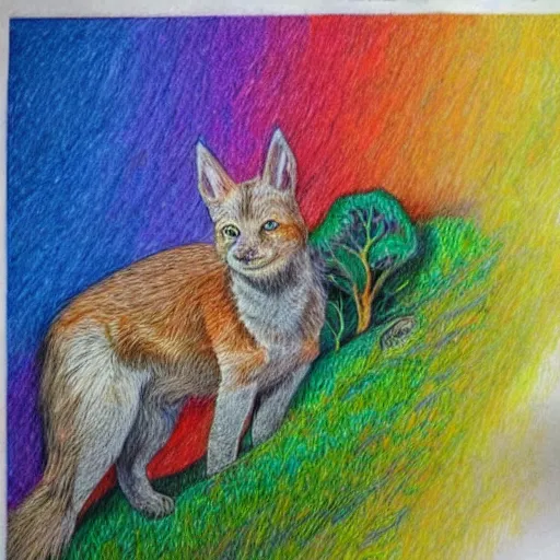 Image similar to Colored pencil art on paper, highly detailed, artstation, People, Animals, Magical Creatures, buildings, scenery, items, enchanted landscapes, PrismaColor