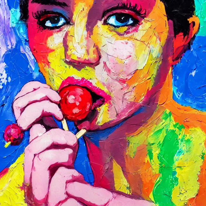 Image similar to portrait of beautiful woman licking a lollipop painted with colorful gouache impasto