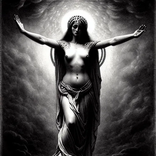 Image similar to marana slavic goddess with six arms : by gustave dore and greg rutkowski and wlop, mystic high contrast monochromatic noir