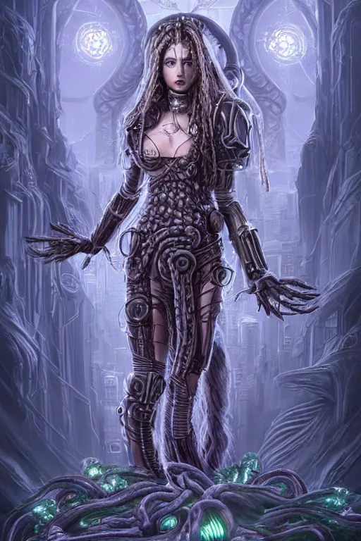 Prompt: ultradetailed realistic RPG cosplay airbrushed digital art portrait-illustration of a !!!!!!!!beautiful symmetrical eerie Medusa wearing cyberpunk clothes and an armor with much decorum, standing next to bioluminiscent otherworldly towers in a three quarters pose in a sci-fi cityscape!!!!!!!!, epic poster art, 3D rim light, octane render, artstationHQ