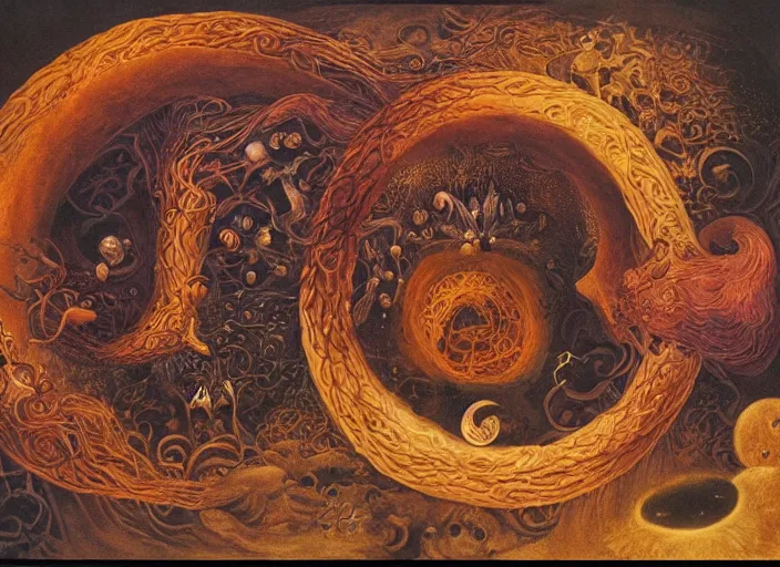 Prompt: the ouroboros of infinite flower universes, by remedios varo, dichromatism, paradox, volumetric light, insanely detailed and intricate, hypermaximalist, warm colors, dramatic lighting, smooth, sharp focus, extremely detailed, aesthetically pleasing composition