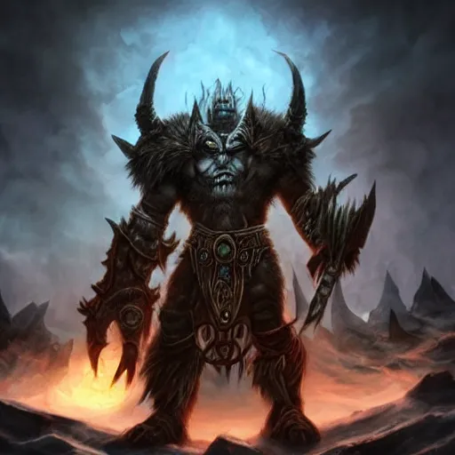 Image similar to epic world of warcraft orc warrior chief thrall standing in front of a gigantic throne made of dark ice with a dark sky above made of a dark hurricane spiral, extremely detailed, wow, cinematic