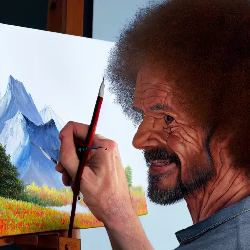 Prompt: a closeup photorealistic photograph of bob ross diligently finishing a canvas painting depicting iron man. mountains and trees. film still. brightly lit scene. this 4 k hd image is trending on artstation, featured on behance, well - rendered, extra crisp, features intricate detail, epic composition and the style of unreal engine.