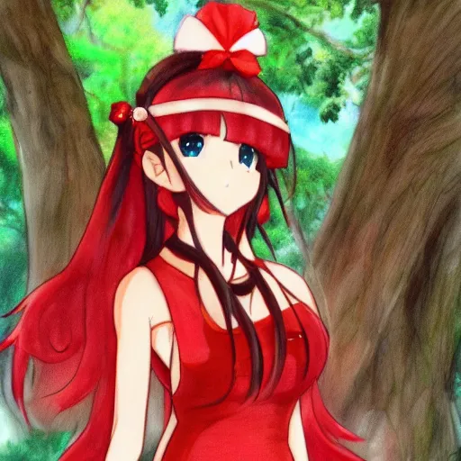 Prompt: a professional anime drawing of reimu in the jungle wearing bonnet