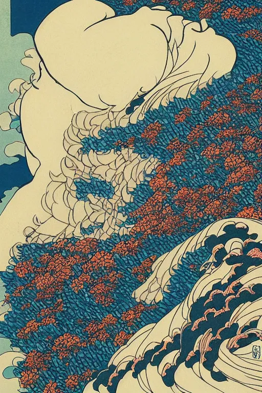 Image similar to generative art by katsushika hokusai, by ralph steadman, storybook illustration, cool color palette, in a symbolic and meaningful style