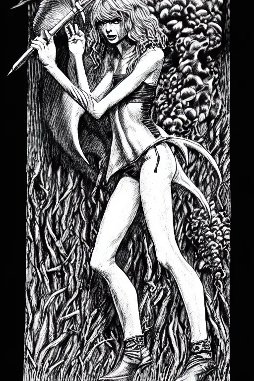 Image similar to taylor swift made of toxic smoke as a d & d monster, full body, pen - and - ink illustration, etching, by russ nicholson, david a trampier, larry elmore, 1 9 8 1, hq scan, intricate details, inside stylized border