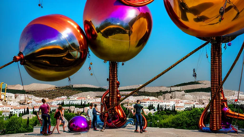 Prompt: large colorful futuristic space age metallic steampunk steam - powered balloons with pipework and electrical wiring around the outside, and people on rope swings underneath, flying high over the beautiful athens city landscape, professional photography, 8 0 mm telephoto lens, realistic, detailed, photorealistic, photojournalism