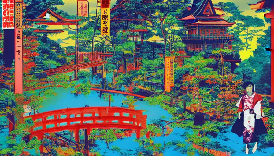 Image similar to Japan rural splendor rail travel and touring c2050, surrealist psychedelic photo-collage painting spot illustration in the style of Newsweek magazine, +81 magazine, muted deep neon color