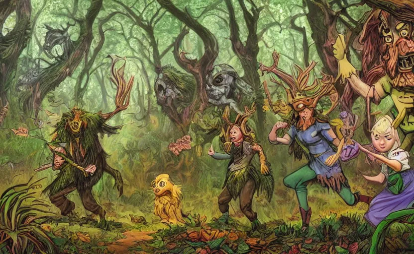 Image similar to a scene of elves running through a clearing in a dark fantasy forest surrounded by darkness and colorful cartoon monsters. hyperrealist illustration. muted colors. 1 9 7 0's pulp science fiction and fantasy cartoon for alice in wonderland and wizard of oz. highly detailed and richly colored painting by don ivan punchatz and basil gogos. trending on artstation