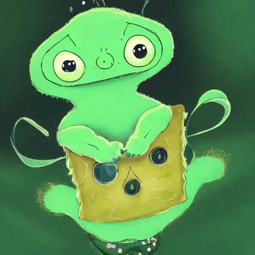 Prompt: photo of a cute green creature with a cat face and a caterpillar body