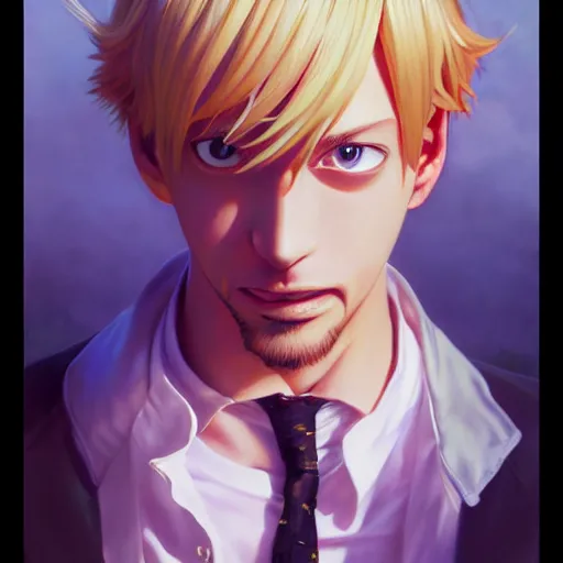 Image similar to highly detailed vfx portrait of serene sanji by eiichiro oda, blonde hair, stephen bliss, greg rutkowski, rhads, makoto shinkai, tom bagshaw, alphonse mucha, sharp focus, art by artgerm, greg rutkowski, stanley kubrick, backlit, harsh overhead sunlight, matte, johannes vermeer,