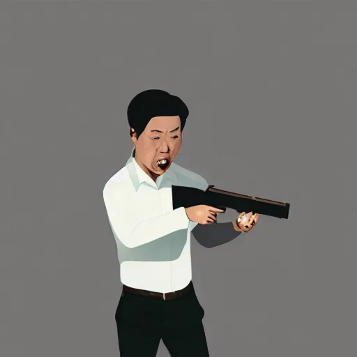 Prompt: A very arrogant Asian man let a man point a shotgun at himself.digital art.