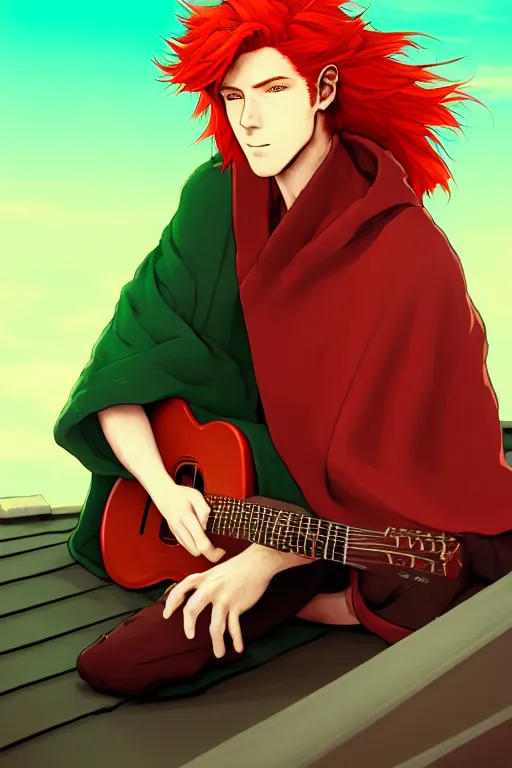 Prompt: dreamy red haired man character with a guitar in his hand, sitting on a roof top in a nice green cloak, very artistic pose, background in blurred, perfect lighting. professional design. great composition, illustration, highly detailed, digital painting, concept art, trending on artstation, by katsuya terada