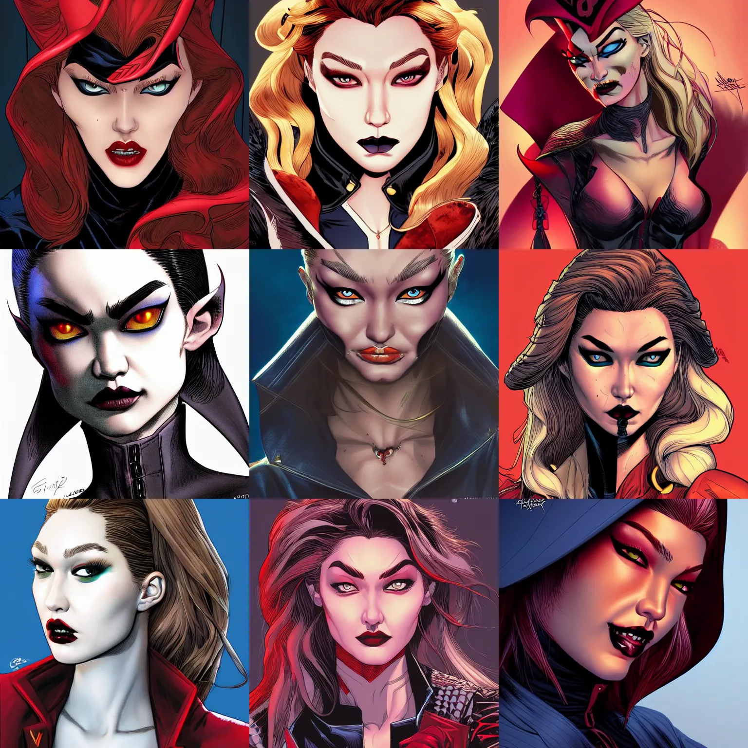Prompt: portrait of gigi hadid as an evil vampire , beautiful eyes, art by Patrick Gleason and Mobius , highly detailed, award winning, artstation