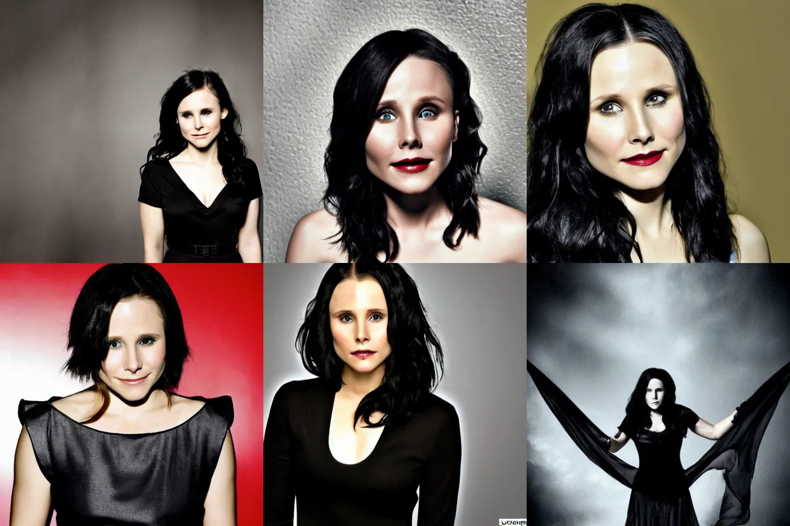 Prompt: kristen bell with black hair, high contrast, dark shadows, spooky, bright eyes