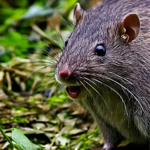 Prompt: a national geographic close-up photograph of a giant smiling rat standing at the top of a mountain in the jungle, in the rain.