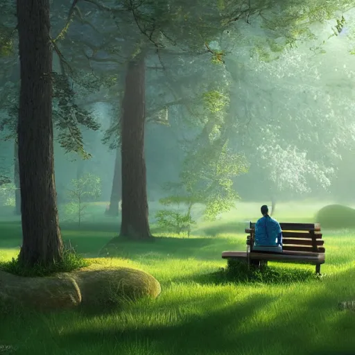 Image similar to a prince sits on a bench in a forest in front of a pond in the center, green color scheme, morning, mist, sun rays, artstation,