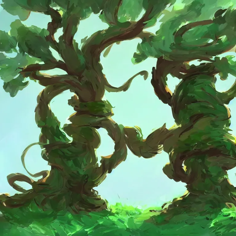 Prompt: cartoon tree with a twisted trunk and green leaves, white background, concept, concept art by senior environment artist, artstation, 2 d game art, concept art, speedpainting