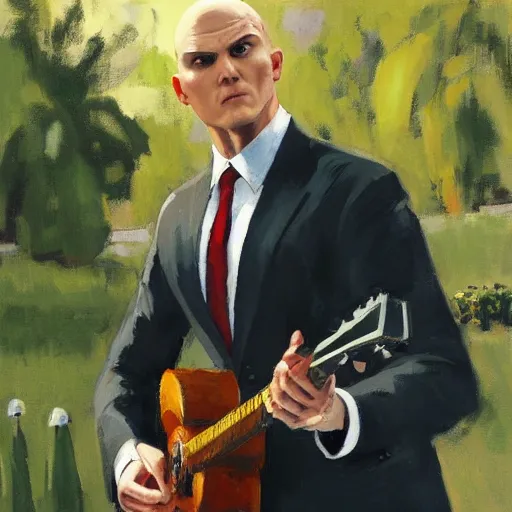 Prompt: a portrait of agent 4 7 from hitman wearing a red tie playing a guitar in a monestary garden by gregory manchess, james gurney, james jean