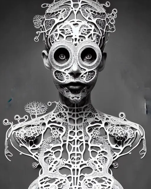 Image similar to surreal black and white photo portrait of complex bio-mechanical beautiful young female vegetal-cyborg with a Mandelbrot fractal metal fine lace face, curled silver hair, 150 mm lens, soft rim light, fine metal floral foliage super big lace collar by Alexander McQueen, high fashion, haute couture, rococo, steampunk, silver filigree details, anatomical, facial muscles, cable wires, microchip, elegant, hyper realistic, octane render, unreal engine, in the style Dora Maar, volumetric lighting, 8k,