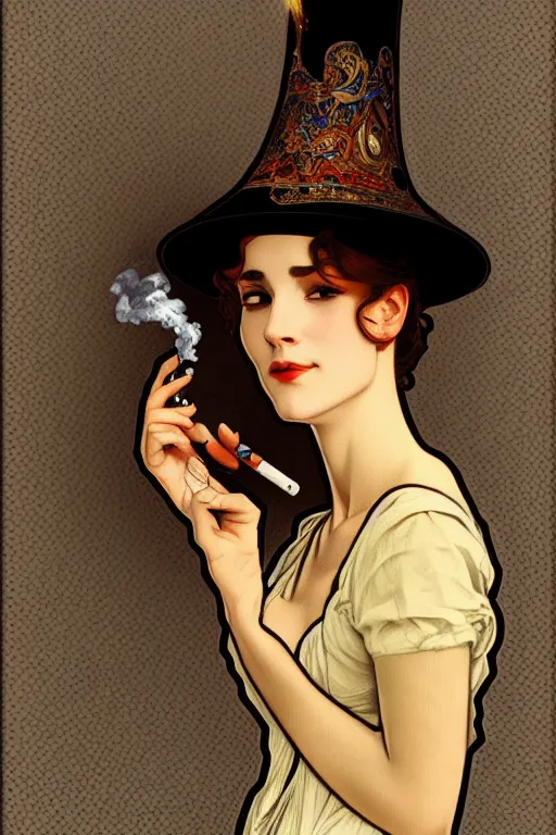 Image similar to Sad woman smoking a gigarette, wearing hat made of smoke and ashes, fantasy, intricate, elegant, highly detailed, digital painting, artstation, concept art, smooth, sharp focus, illustration, art by alphonse mucha and victor vasarely