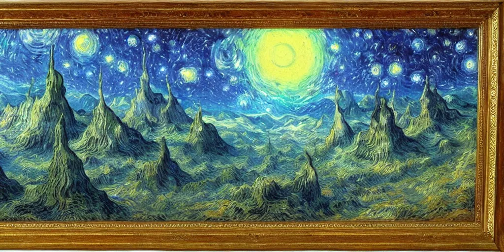 Prompt: a beautiful alien landscape with strange life forms, high realistic high detailed painting by Thomas Kinkade and Van Gogh