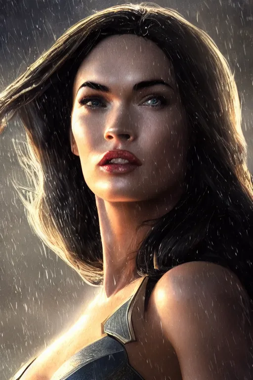 Image similar to a fancy close up of Megan Fox as Man of Steel by Greg Rutkowski, Sung Choi, Mitchell Mohrhauser, Maciej Kuciara, Johnson Ting, Maxim Verehin, Peter Konig, 8k photorealistic, cinematic lighting, HD, high details, dramatic, trending on artstation, full body shot