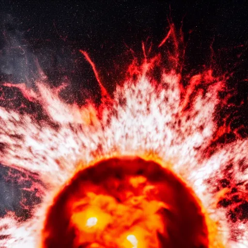 Image similar to red hot burning sphere embedded in fireball explosion with fire, 4 k