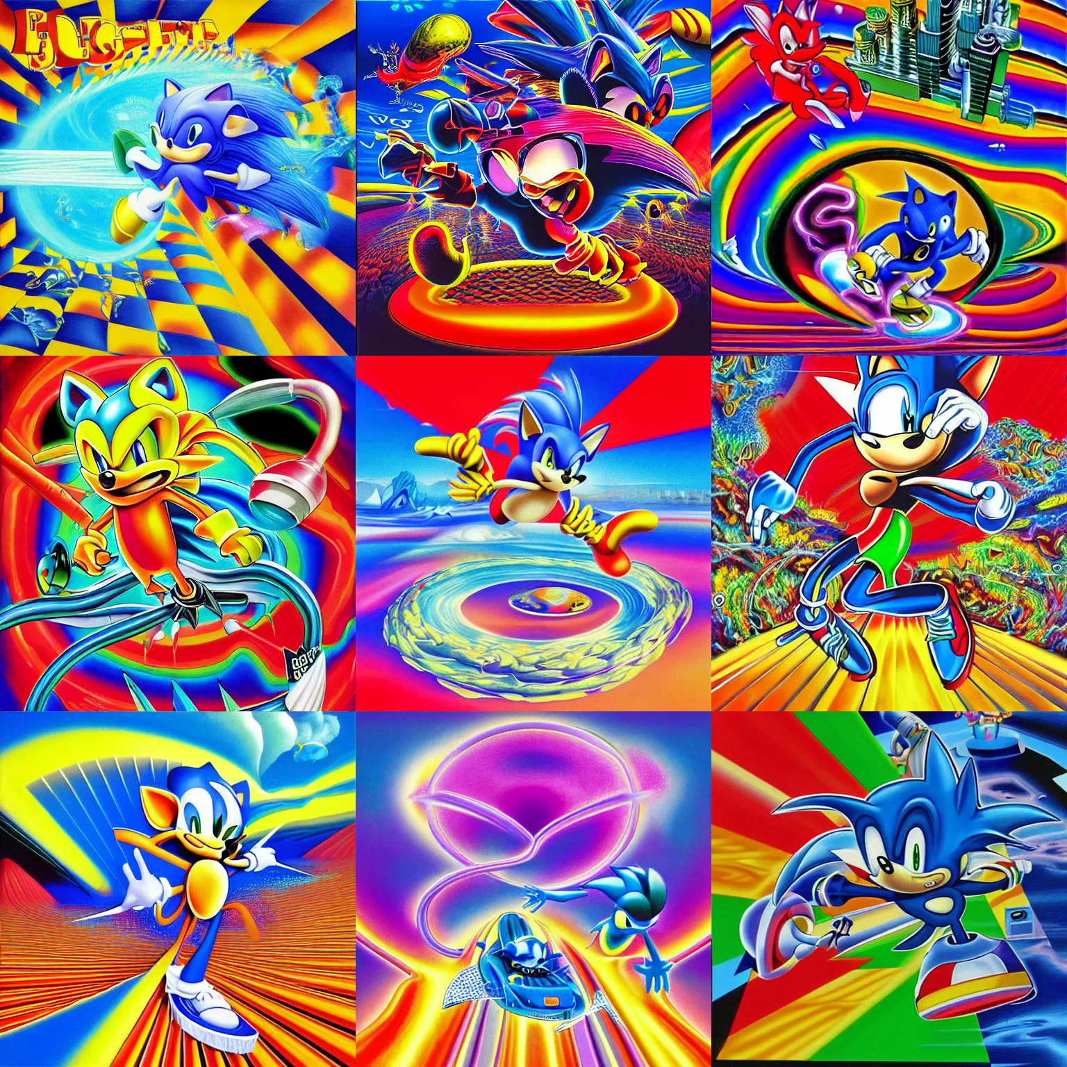 Prompt: surreal, sharp, detailed professional, high quality airbrush art mgmt album cover of a liquid dissolving airbrush art lsd dmt sonic the hedgehog surfing through cyberspace, holographic checkerboard background, 1 9 9 0 s 1 9 9 2 sega genesis video game album cover
