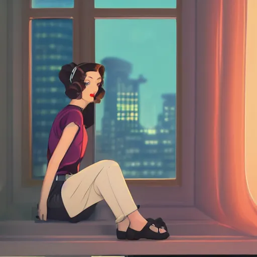 Image similar to portrait of a beautiful girl with dark hair that's styled in a 1940's fashion, dressed in a white t-shirt, sitting in an apartment alone by a window that overlooks a futuristic city, nighttime, low-key neon lighting, 4k, HQ, official media, anime key visual, makoto shinkai, ilya kuvshinov, lois van baarle, rossdraws, detailed, trending on artstation