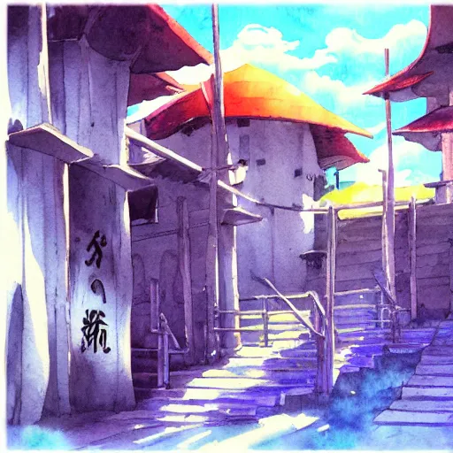 Image similar to gibli studio background anime style background watercolor painting, hayao miyazaki painting